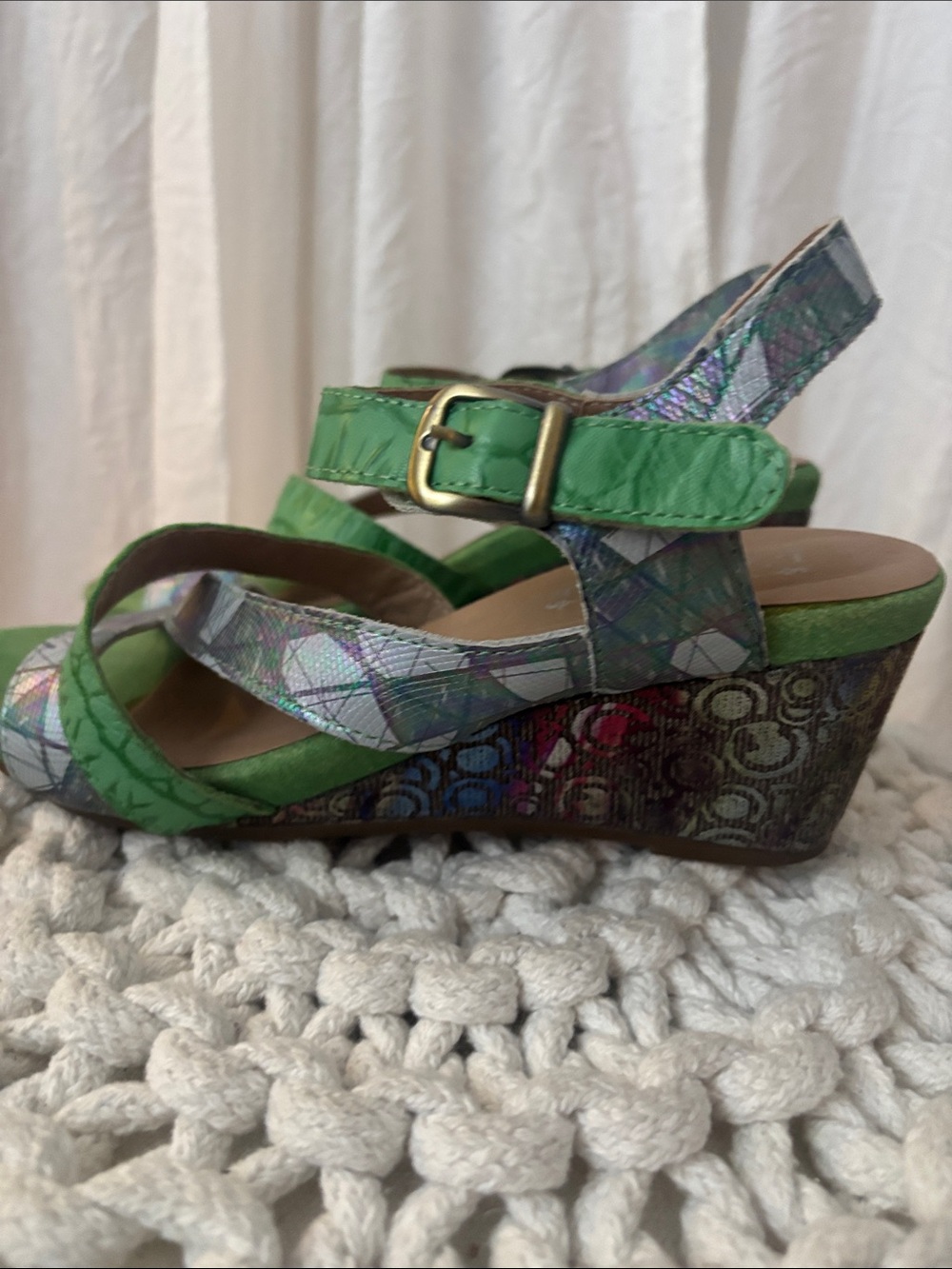 L'ATISTE Green and Iridescent Multi-Strap Heeled Sandals